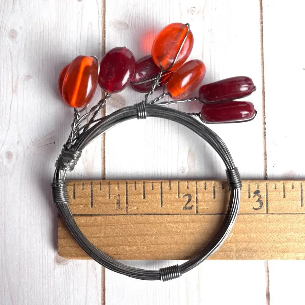Set of 10 Wrapped Wire Napkin Rings Amber & Red Glass Beads Holiday Tablescape